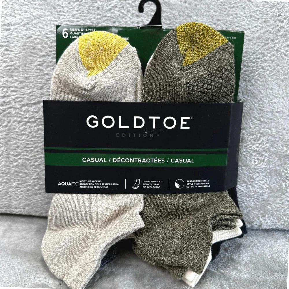 Goldtoe Edition Mens 5 Pair Quarter Socks AquaFX Cushioned Earth Tones Sz 6-12.5